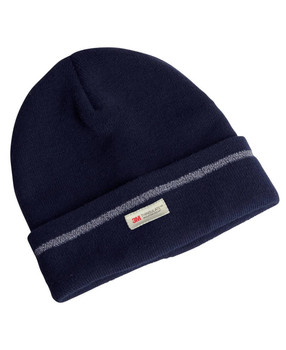A navy beanie featuring a reflective stripe and a small logo label. Suitable for headwear.