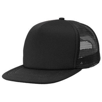 A black Flat Peak Trucker cap featuring a solid front panel and a mesh back, with a logo on the side.