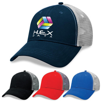 A Lo-Pro Mesh Trucker Cap in navy with a logo, accompanied by caps in black, red, and blue.