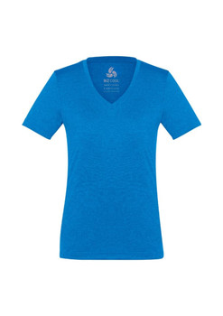 A blue women's short sleeve tee with a V-neck design and a small logo on the inside.
