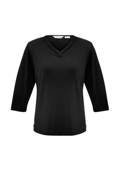 A black women's 3/4 sleeve top featuring a unique crossover neckline and a subtle logo.