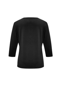 A black women's top with 3/4 sleeves, featuring a simple and sleek back design. It has a logo.