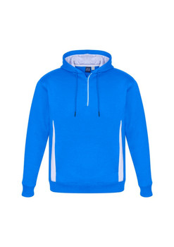 A blue unisex hoodie with a white side design and a front zip. It has a hood and a logo on it.