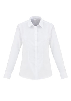 A white women's button-up shirt with long sleeves and a classic collar. It features a branded logo.