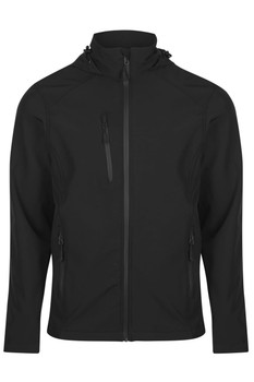 A black jacket featuring zippered pockets and a hood, designed for kids. It has a logo on the front.