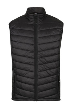 A black insulated work vest with a quilted design and zippered pockets. It features a high collar and a branding logo.