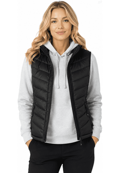 A black puffer vest worn over a grey hoodie, featuring a zip closure and a logo on the chest.