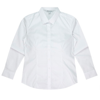A long sleeve button-up shirt in white, featuring a collar and a branded logo.