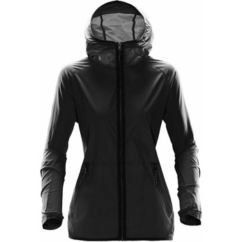 A women's hooded rain jacket in black with zippered pockets and a logo.