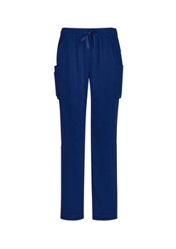 Navy straight leg scrub pants with a drawstring waist and side pockets. Features a logo on the fabric.