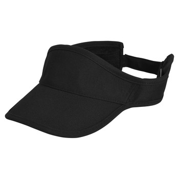 A black sports visor with a curved brim and adjustable strap at the back, featuring a logo.