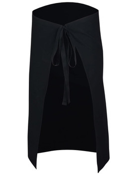 A black short waist apron with a tie closure at the waist, featuring an open front design.