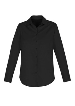 A black long sleeve button-up shirt with a classic collar and a logo on the chest.