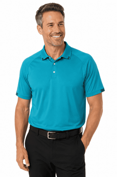 A turquoise men's polo shirt with short sleeves and a collar, featuring a subtle logo on the sleeves.