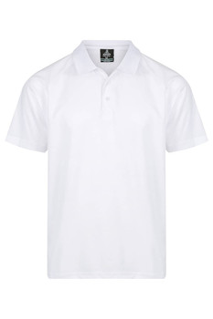 A white men's polo shirt featuring a collar and short sleeves, with a logo on the label.