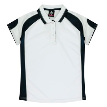 A white polo shirt with black accents and short sleeves, featuring a collar and buttons. It has a logo.