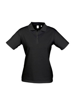 A women's short sleeve polo shirt in black, featuring a classic collar and a logo.