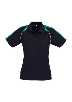 A women's polo shirt in navy blue with green accents and a logo on the chest. Short sleeves and a collar design.