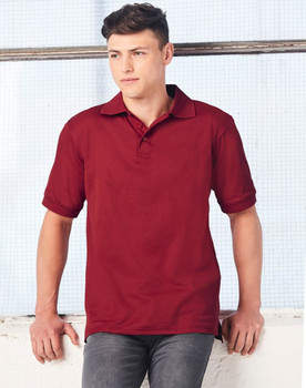 A maroon polo shirt with a collar, featuring short sleeves and a logo on the chest.