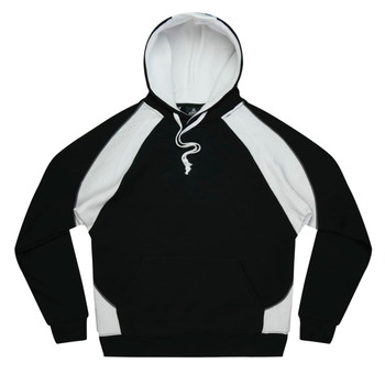 A black and white hooded sweatshirt with a front pouch pocket and drawstring. It features a logo on the design.
