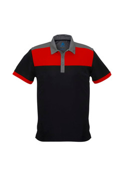 A short sleeve polo shirt in black with red and grey sections, featuring a collar and a logo.