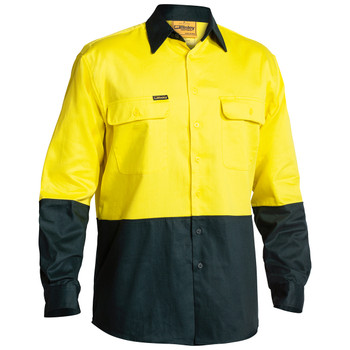 Yellow / Bottle - Front - BS6267 - Hi Vis Drill Shirt - 2 Tone Long Sleeve - Bisley Workwear