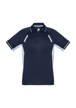 A men's short sleeve polo in navy blue with light grey side panels and a logo.