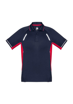 A navy blue and red short sleeve polo shirt featuring contrast panels and a logo.