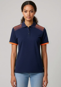 A navy blue women's short sleeve polo shirt with orange accents and a patterned design on the shoulders.