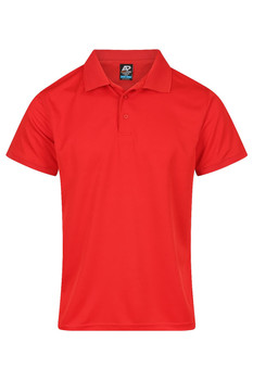 A red polo shirt with a classic collar and short sleeves. Features a logo on the label.