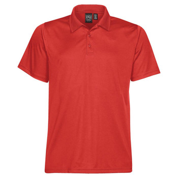 A red men's polo shirt with a collar, featuring a branding logo. Suitable for casual or smart-casual wear.