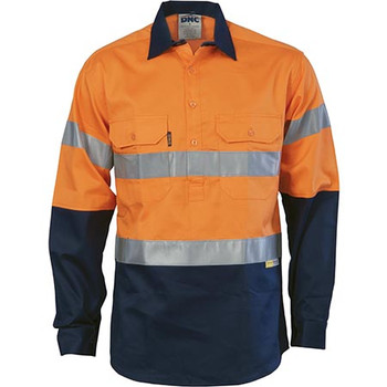 Orange-Navy - 3849 HiVis Two Tone Closed Front Cotton Shirt with 3M R/Tape - DNC Workwear