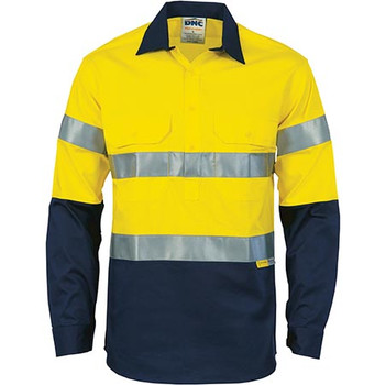 Yellow-Navy - 3849 HiVis Two Tone Closed Front Cotton Shirt with 3M R/Tape - DNC Workwear