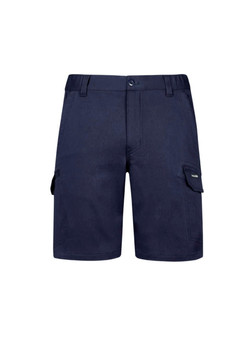 Navy work shorts featuring multiple pockets and a logo. Ideal for comfort and practicality in workwear.