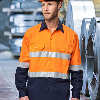 Orange-Navy - SW82 Unisex Hi-Vis Cool Breeze Safety Long Sleeve Shirt - Australian Industrial Wear