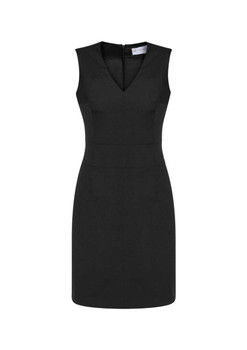 A sleeveless, V-neck dress in black with a fitted silhouette and a zipper at the back.