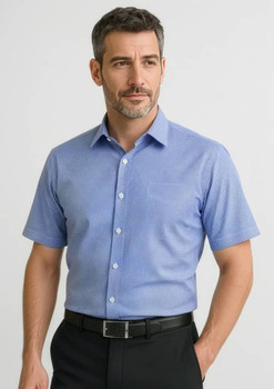 A blue checkered short sleeve button-up shirt on a model, featuring a collar and buttons, with a belt visible.