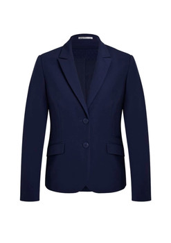 A navy mid-length women's jacket with a notched lapel and two-button closure, featuring two side pockets and a branding logo.