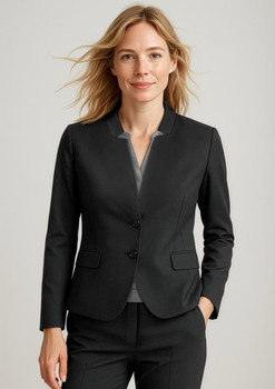 A black women's short jacket with a reverse lapel design, featuring a fitted silhouette and two front buttons.