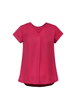 A women's blouse in a deep pink colour featuring a V-neck and pleat detail, with short sleeves and a loose fit.