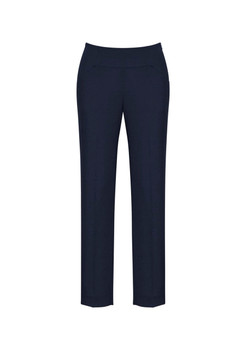 A pair of women's slim leg pants in navy blue, featuring a bandless design and a sleek, minimalistic look.