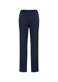 A pair of navy blue women's pants with an elastic waistband, featuring a straight leg design and no visible detailing.