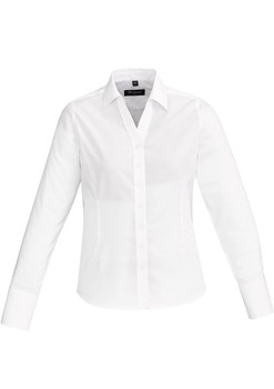 A women's long sleeve button-up shirt in white, featuring a fitted design and a collar, with a logo on the tag.