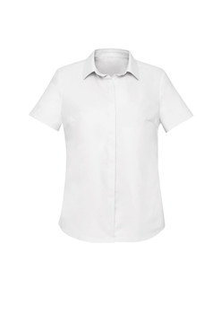 A white short sleeve button-up shirt for women featuring a classic collar and a logo on the breast.