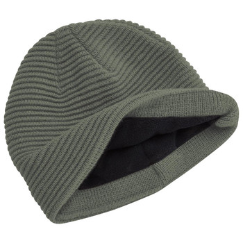 A green ribbed beanie with a folded cuff, featuring a soft inner lining and a logo.