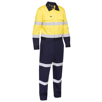 Yellow / Navy - Front - BC6066T - Taped Hi Vis Work Coveralls with Waist Zip Opening - Bisley Workwear