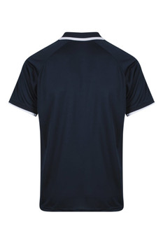 A navy polo shirt featuring a contrasting white trim and a logo on the back.