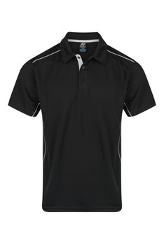 A black men's polo shirt with white accents and a logo on the chest, featuring a classic collar and short sleeves.