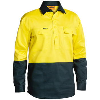 Yellow / Bottle - Front - BSC6267 - 2 Tone Closed Front Hi Vis Drill Shirt - Long Sleeve - Bisley Workwear