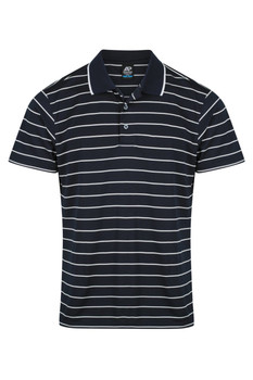 A navy blue and white striped polo shirt with a collar and two-button placket. It features branding on the fabric.
